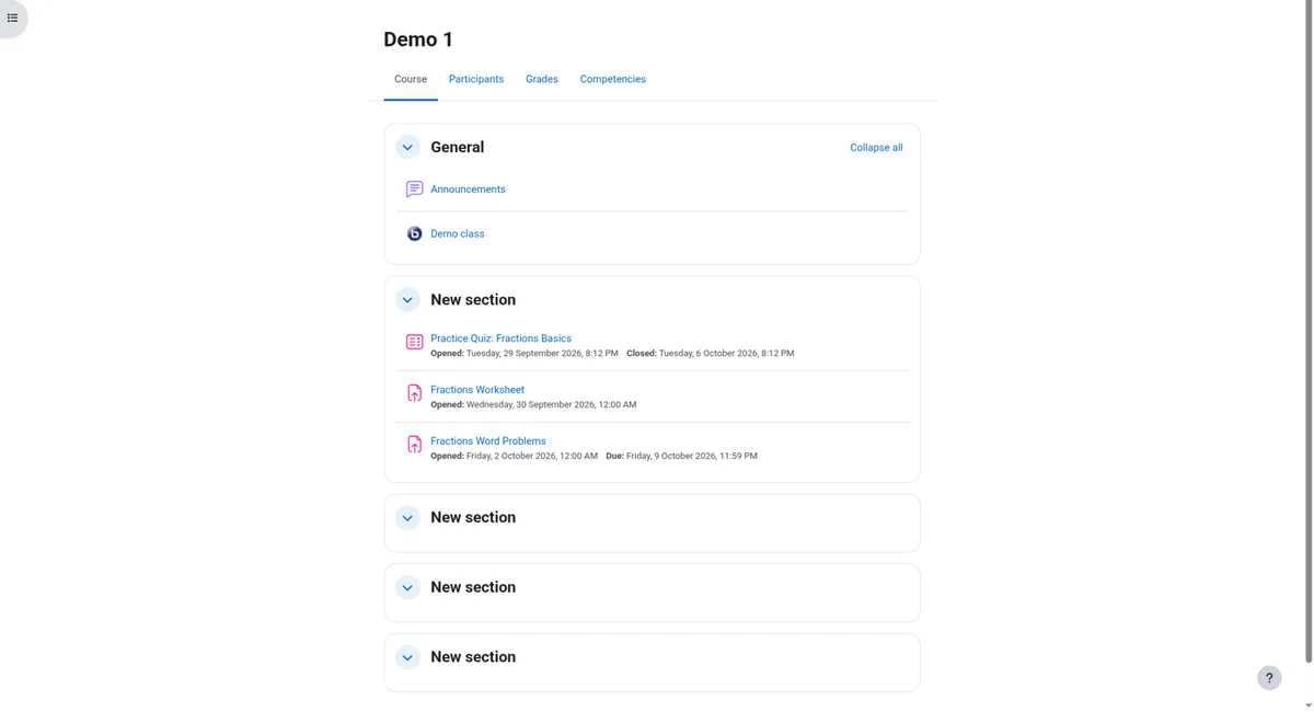 Course home with lessons, forum, assignment, quiz and live class activity.