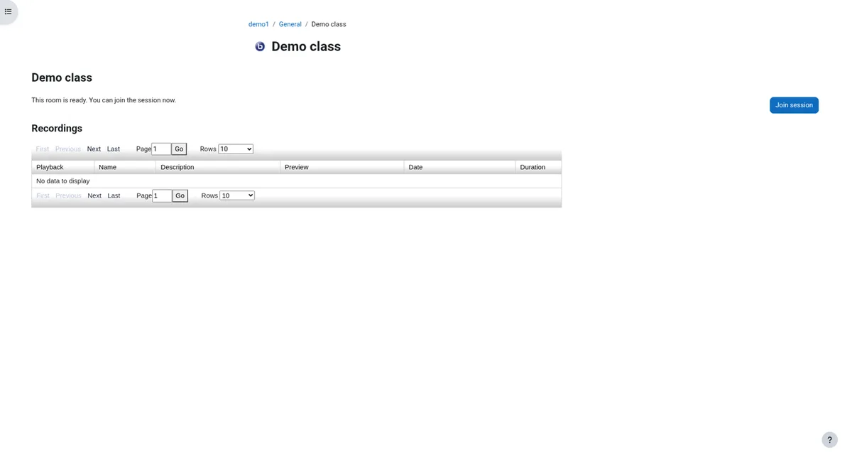BigBlueButton activity in Moodle with a Join session button and recordings list.