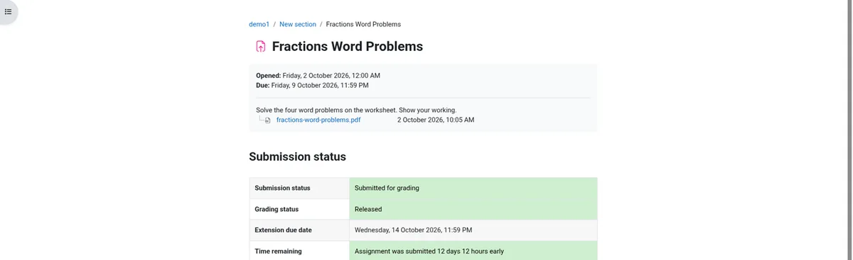 Assignment submission showing submitted status and released grade feedback.